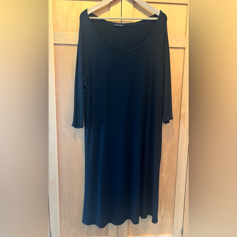 Eileen Fisher Black 3/4 Sleeve Scoop Neck Midi Capsule Dress XL